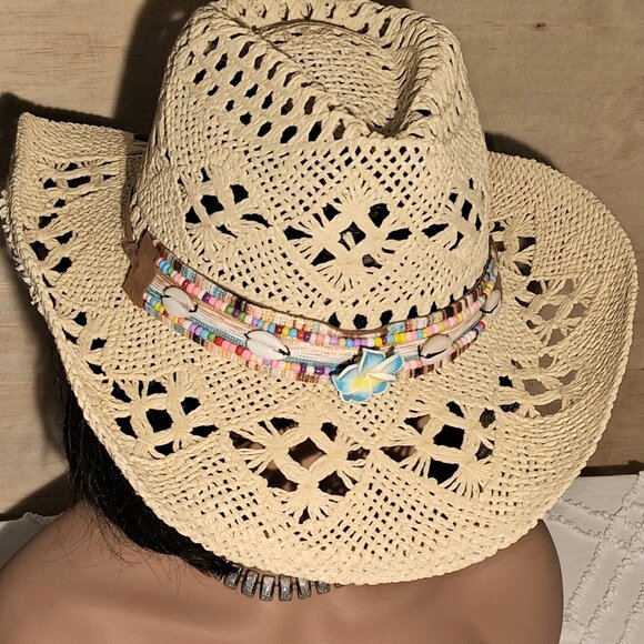 Boho CreamTribal Band Tycoon Crown Crochet Hollow Straw Cowboy Hat Festival - Picture 8 of 12
